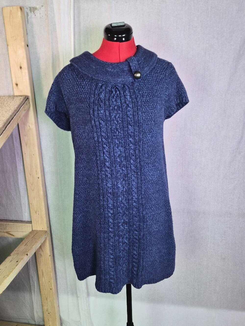 Style & Co. Women's Shawl Neck Sweater Dress Blue Cable Knit Mini G031